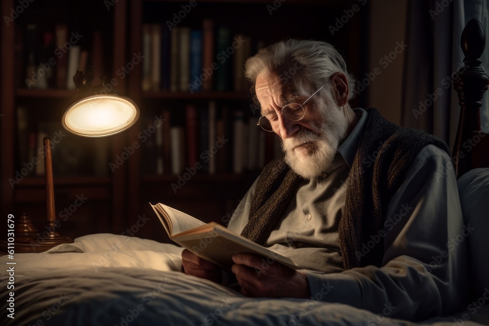 Photography in the style of pensive portraiture of a satisfied old man reading a book against a cozy bed and breakfast background. With generative AI technology Photography in the style of pensive portraiture of a satisfied old man reading a book against a cozy bed and breakfast background. With generative AI technology