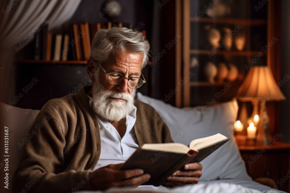 Photography in the style of pensive portraiture of a satisfied old man reading a book against a cozy bed and breakfast background. With generative AI technology