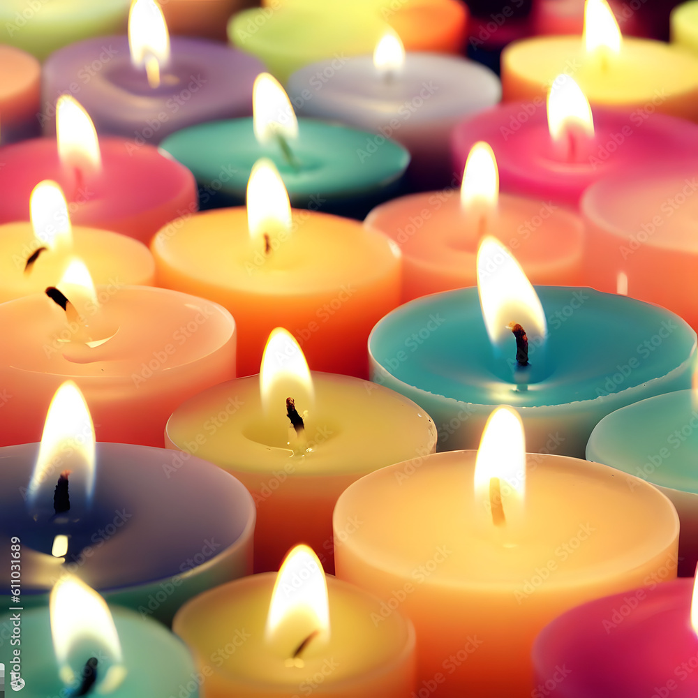 Closeup view of many burning colorful candles Closeup view of many burning colorful candles