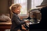 Lifestyle portrait photography of a joyful mature boy playing the piano against a cozy bed and breakfast background. With generative AI technology