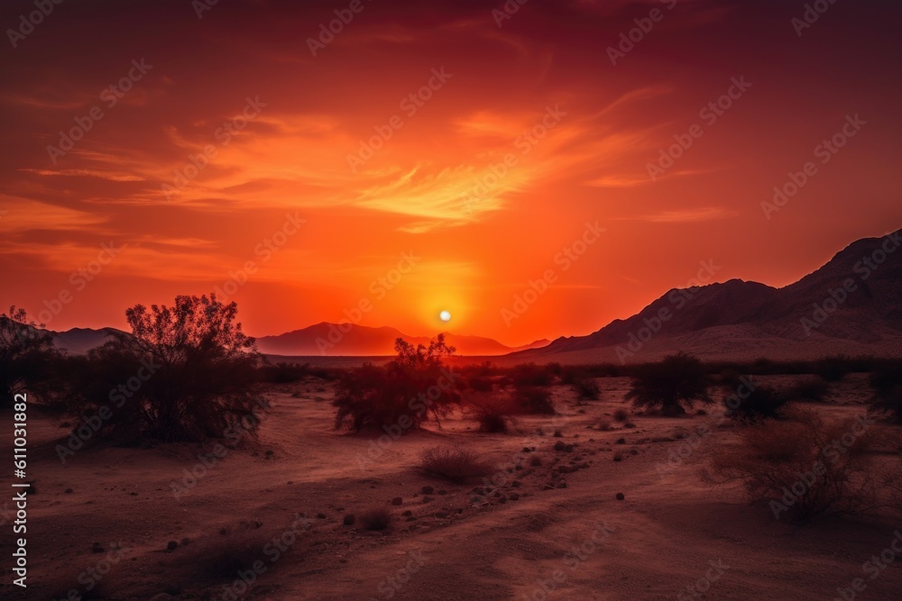 desert sunset, with orange and red hues reflecting off the horizon, created with generative ai