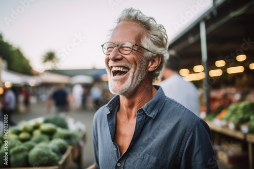 Lifestyle portrait photography of a glad mature man laughing against a bustling farmer's market background. With generative AI technology