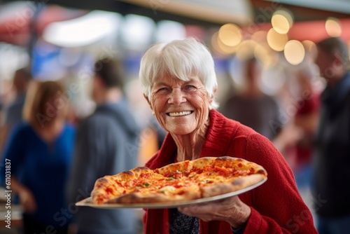 Close-up portrait photography of a glad mature woman holding a piece of pizza against a bustling farmer s market background. With generative AI technology