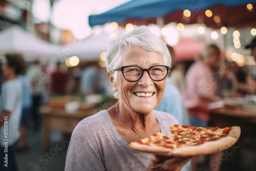 Close-up portrait photography of a glad mature woman holding a piece of pizza against a bustling farmer's market background. With generative AI technology