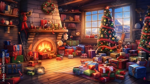 Cozy room with New Year's gifts and toys and a stone fireplace. Generative AI