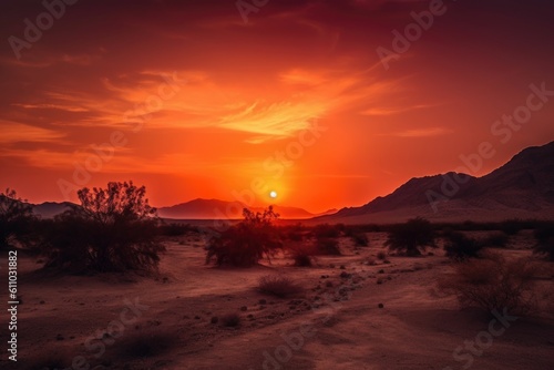 desert sunset, with orange and red hues reflecting off the horizon, created with generative ai