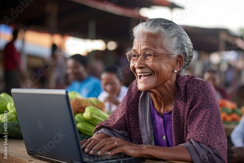 Medium shot portrait photography of a grinning old woman using the laptop against a bustling farmer's market background. With generative AI technology