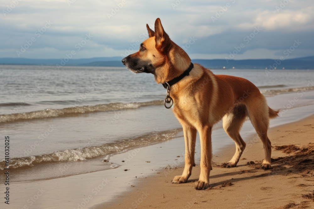 dog patrolling the beach, keeping watch for any potential dangers, created with generative ai dog patrolling the beach, keeping watch for any potential dangers, created with generative ai
