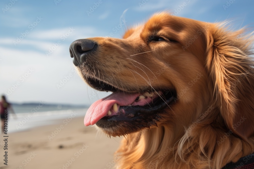 close-up of dog's face with its tongue hanging out, keeping watch over the beach, created with generative ai