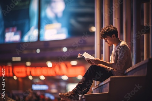 Full-length portrait photography of a grinning boy in his 30s reading a book against a lively concert venue background. With generative AI technology
