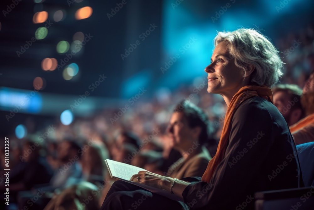 Medium shot portrait photography of a glad mature girl reading a book against a lively concert venue background. With generative AI technology