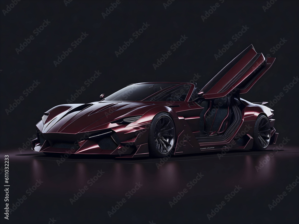 Naklejka premium Burgundy car of the future on dark background. Futuristic smart car technology. Generate Ai