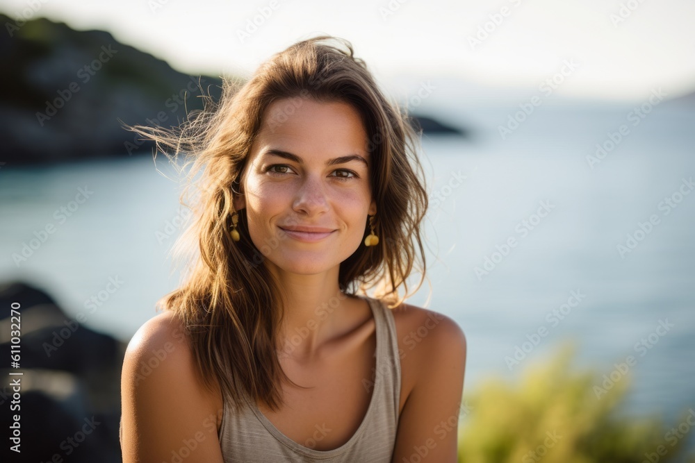 Photography in the style of pensive portraiture of a grinning girl in her 30s with crossed arms against a scenic lagoon background. With generative AI technology