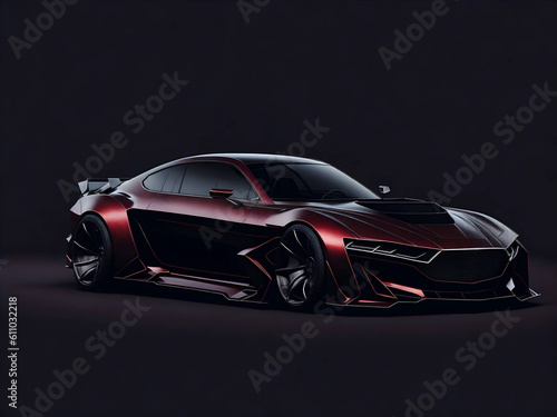 Burgundy car of the future on dark background. Futuristic smart car technology. Generate Ai