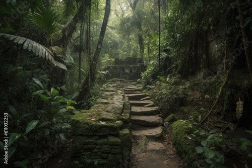 ancient trail through dense jungle  leading to hidden temple  created with generative ai