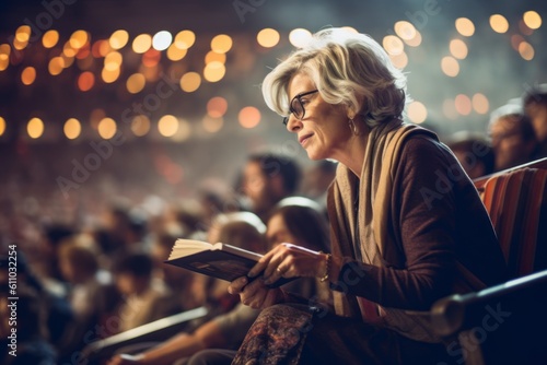 Medium shot portrait photography of a glad mature girl reading a book against a lively concert venue background. With generative AI technology