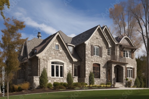 luxury home with custom exterior features, such as stone accents and window treatments, created with generative ai