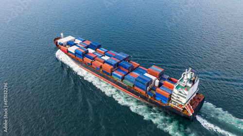 Aerial view container cargo ship, Global business import export logistic and transportation freight shipping of international by container cargo ship in the open sea, Container cargo vessel freight.