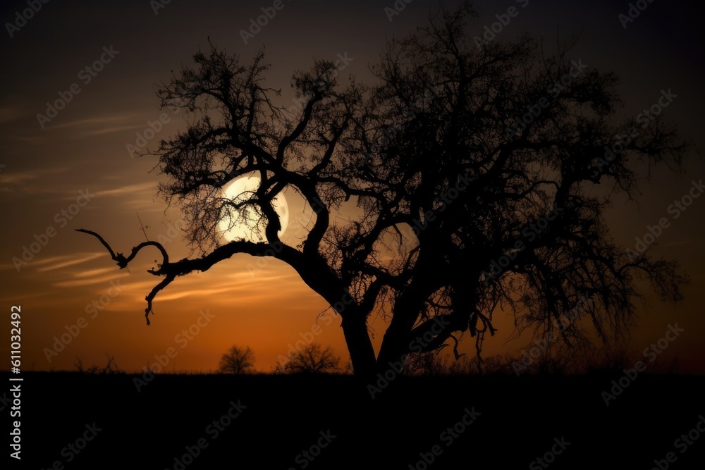 moon setting behind silhouetted tree, with sunrise in the distance, created with generative ai