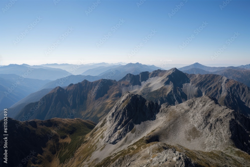 panoramic view of majestic alpine range, with distant snowy peaks visible, created with generative ai