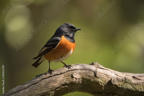male redstart bird perched on tree branch, singing its heart out, created with generative ai