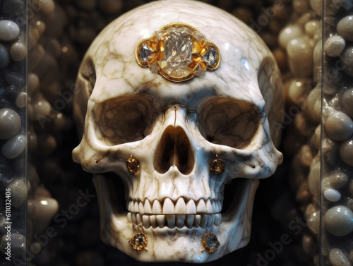 White marble carved fresco of skull frontal face with gold ornament on black background Created with Generative AI technology