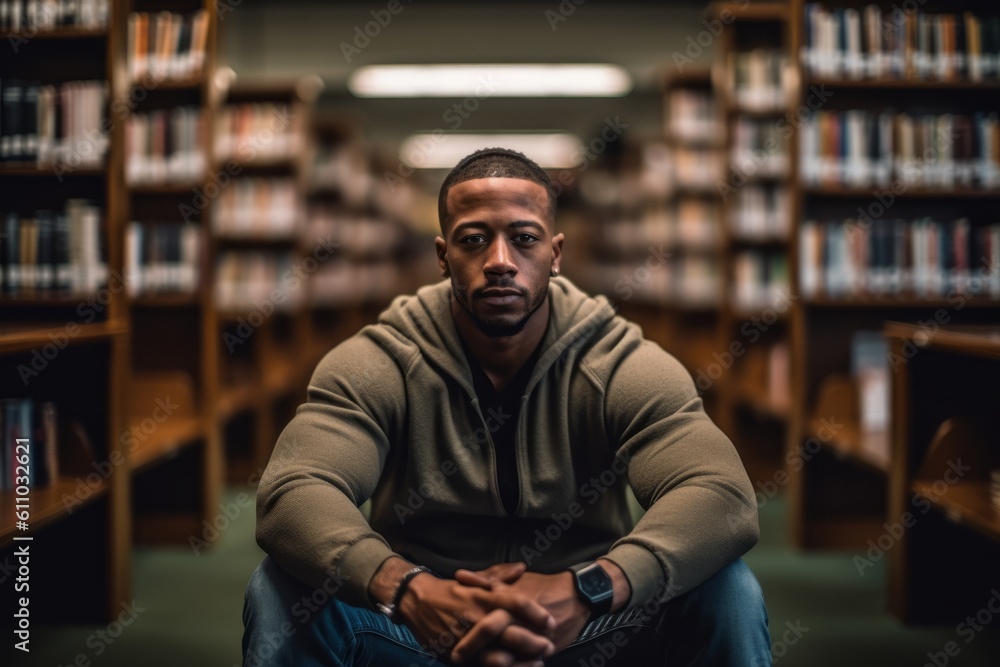 Medium shot portrait photography of a satisfied boy in his 30s meditating against a quiet library background. With generative AI technology Medium shot portrait photography of a satisfied boy in his 30s meditating against a quiet library background. With generative AI technology