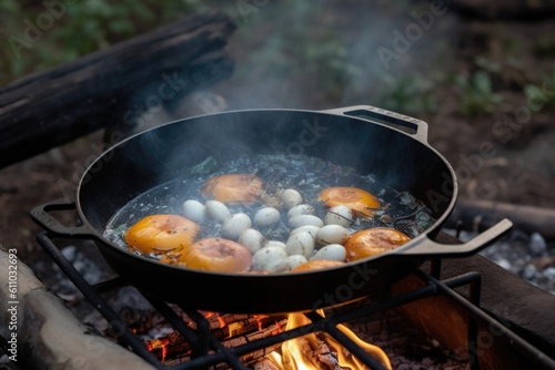 close-up of cooking skillet, with sizzling and popping sounds as eggs are cooked over campfire, created with generative ai