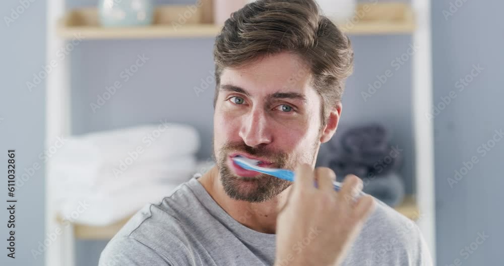 Dental, face and man brushing teeth with toothbrush in a bathroom for