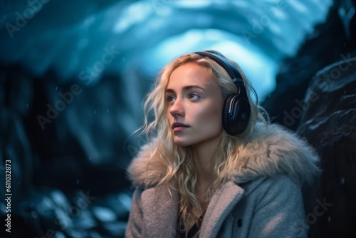 Environmental portrait photography of a glad girl in her 30s listening to music with headphones against a majestic ice cave background. With generative AI technology