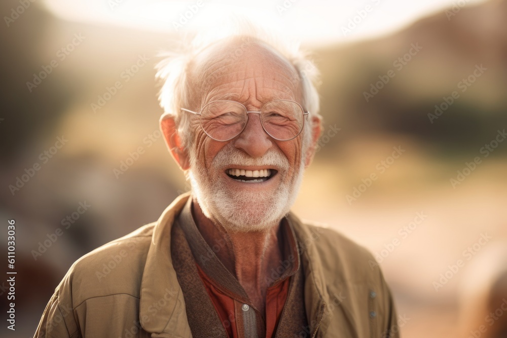 Close-up portrait photography of a happy old man walking against a serene meditation space background. With generative AI technology Close-up portrait photography of a happy old man walking against a serene meditation space background. With generative AI technology