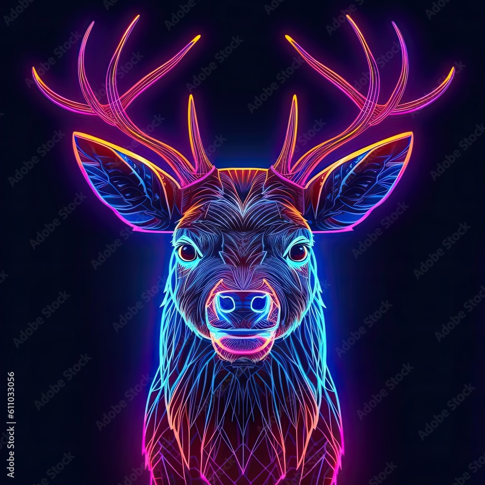Cute Deer animal in neon style. Portrait of glow light animal. Generative AI