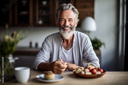Medium shot portrait photography of a happy mature man having breakfast against a serene meditation space background. With generative AI technology
