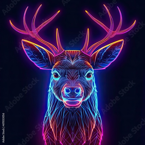 Cute Deer animal in neon style. Portrait of glow light animal. Generative AI
