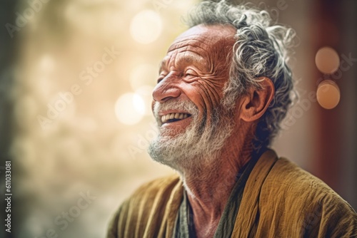 Close-up portrait photography of a happy old man walking against a serene meditation space background. With generative AI technology