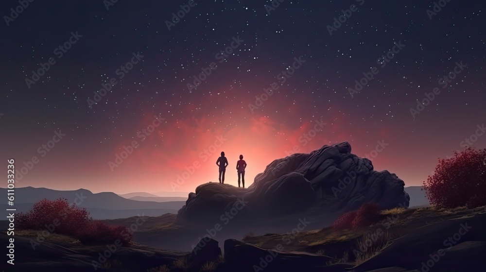 Naklejka premium Dark silhouette of young couple hiker were standing at the top of the mountain looking at the stars. Generative AI