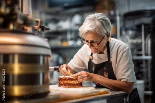 Lifestyle portrait photography of a glad mature woman making a cake against a lively brewery background. With generative AI technology