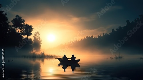 Silhouette of three fishing people on boats and mist at lake with twilight sky. Generative AI