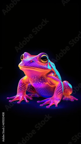 Neon light Toad animal on black background. Portrait of glow light animal. Generative AI