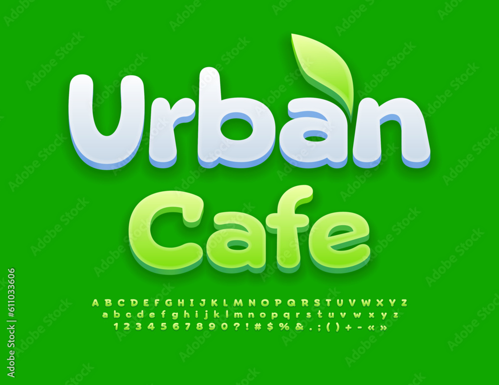 Vector modern emblem Urban Cafe with decorative Leaf. Green creative Font. Stylish Alpahebt Letters, Numbers and Symbols set Vector modern emblem Urban Cafe with decorative Leaf. Green creative Font. Stylish Alpahebt Letters, Numbers and Symbols set