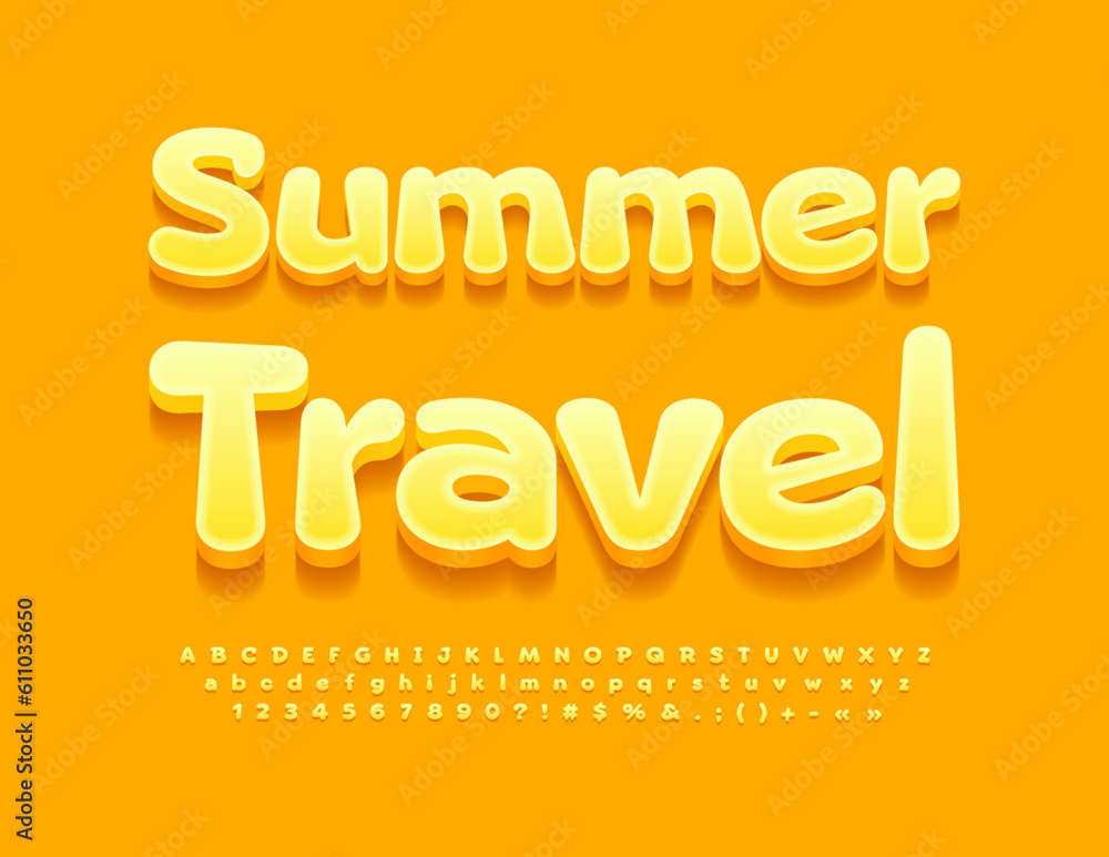 Vector seasonal emblem Summer Travel with 3D sunny Font. Yellow Alphabet Letters, Numbers and Symbols set
