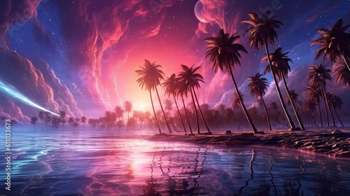Coconut palms at pink tropical sunset over calm sea. Generative AI