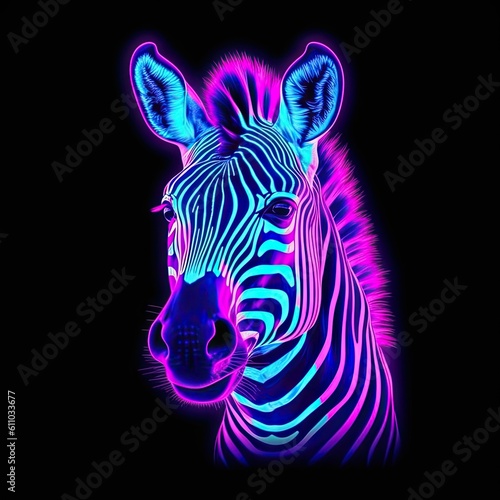 Cute Zebra animal in neon style. Portrait of glow light animal. Generative AI