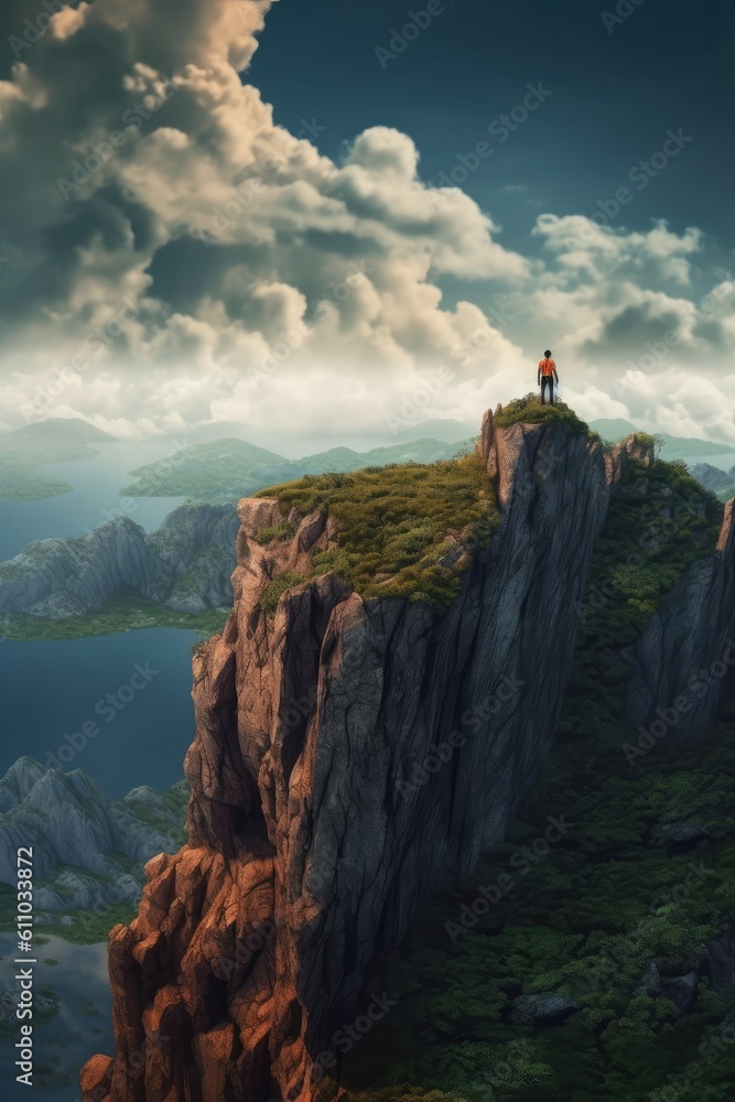 Man hiking on top of a rock mountain peak. Travel landscape. Generative AI
