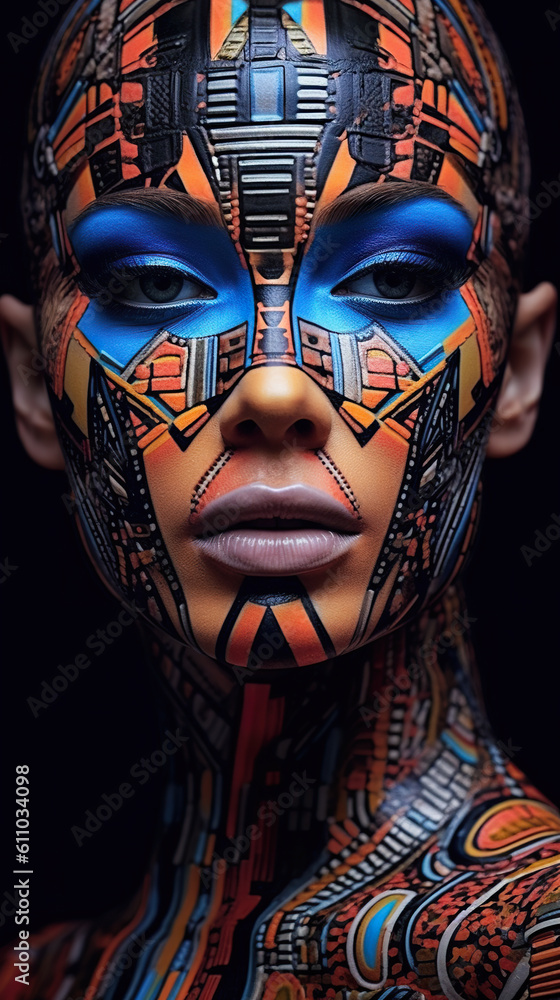 A close up of a woman's face with colorful makeup. Generative AI. A close up of a woman's face with colorful makeup. Generative AI.
