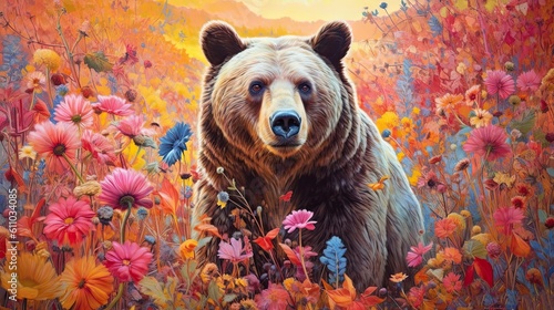 Brown bear in field of wild flowers. Generative AI