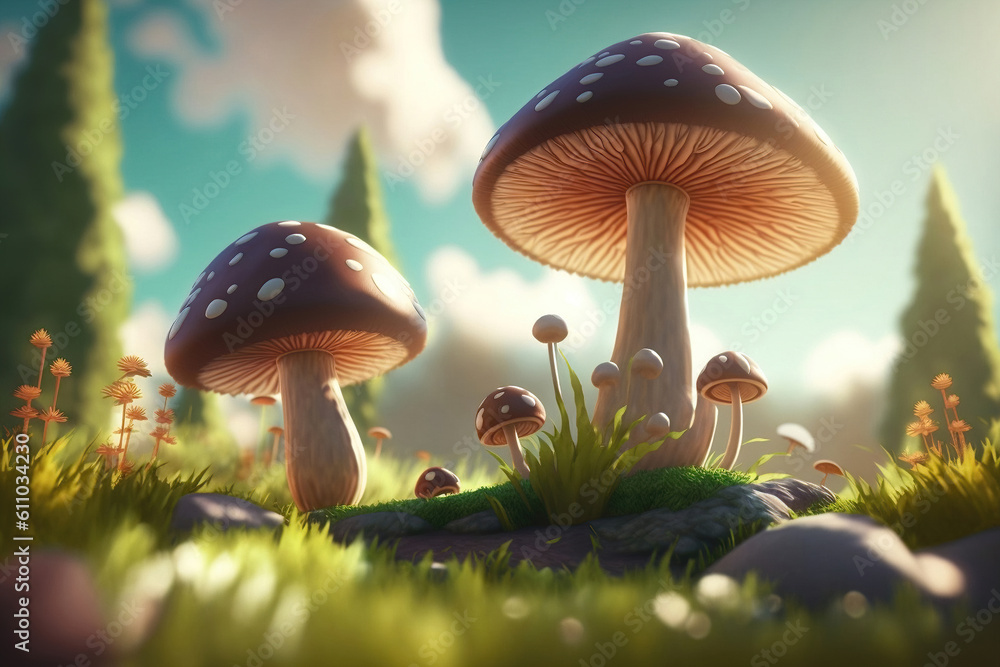 Red spotted mushroom on green meadow, illustration generative AI
Red spotted mushroom on green meadow, illustration generative AI