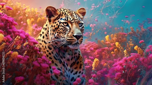 Leopard in field of wild flowers. Generative AI