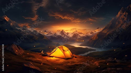 Glowing orange tent in the mountains under dramatic evening sky. Generative AI