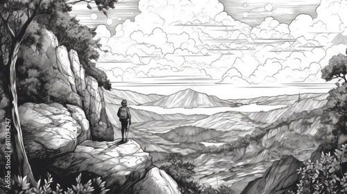 Man hiking on top of a rock mountain peak. Travel landscape. Generative AI